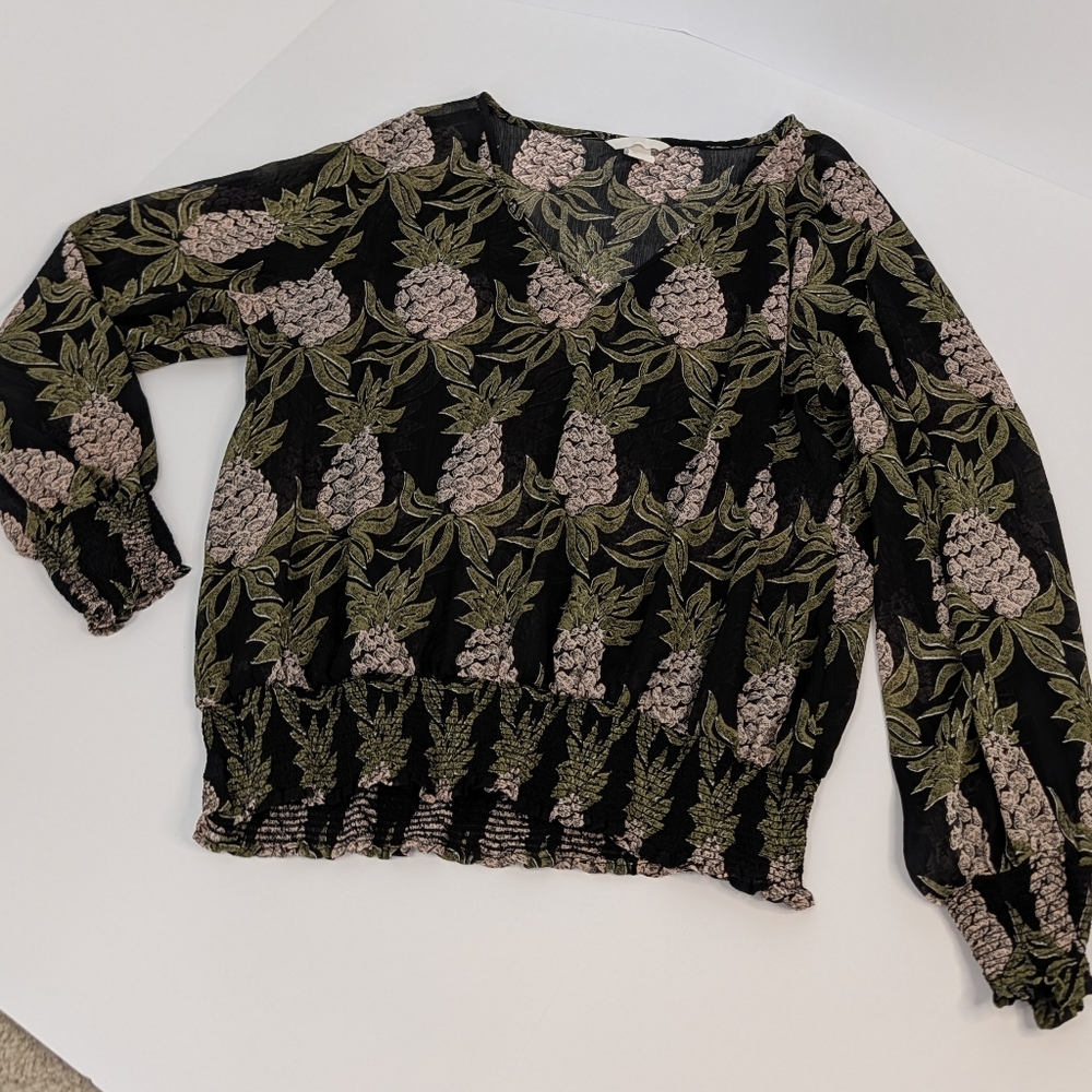 H&M Pineapple Print Elastic Waistband Sheer Top Size 14